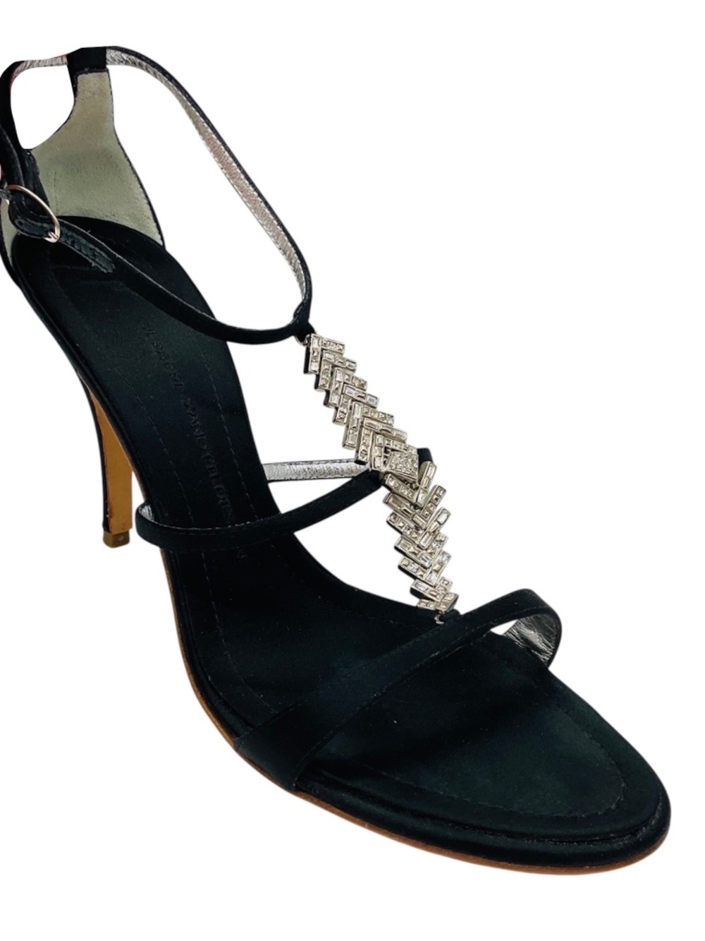 GIUSEPPE ZANOTTI BLACK CRYSTAL EMBELLISHED STRAPPY SATIN SANDALS